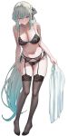  1girl absurdres black_bow black_bra black_garter_belt black_panties black_pantyhose blue_eyes blush bow bow_bra bra braid breasts cleavage closed_mouth clothing_cutout commentary_request fate/grand_order fate_(series) full_body garter_belt grey_hair hair_between_eyes hair_bow half_up_braid highres holding lace lace-trimmed_bra lace-trimmed_panties lace-trimmed_thighhighs lace_trim large_breasts lingerie long_hair long_sleeves looking_at_viewer mishiro_(ixtlolton) morgan_le_fay_(fate) navel panties pantyhose ponytail sidelocks simple_background solo stomach_cutout thighhighs underwear underwear_only very_long_hair white_background white_hair 
