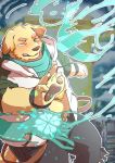  anthro clothed clothing cu_sith_(tas) fur green_eyes inabayasuri male open_shirt pawpads scarf tokyo_afterschool_summoners topwear video_games yellow_fur 