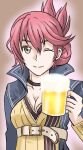  1girl alcohol beer beer_mug belt breasts choker cleavage commentary_request cup drink eiyuu_densetsu folded_ponytail holding holding_drink large_breasts light_smile mug one_eye_closed pink_hair sara_valestein sen_no_kiseki_(series) sen_no_kiseki_i sen_no_kiseki_iii simple_background surasho_oekaki yellow_eyes 