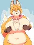  3:4 4_fingers anthro big_breasts black_ears black_fur bodily_fluids bottomless breasts canid canine chest_tuft chin_tuft clothed clothing covering covering_breasts covering_self dipstick_ears dipstick_tail eyebrow_through_hair eyebrows female fox front_view fur fur_tuft hair half-length_portrait hi_res inner_ear_fluff mammal multicolored_ears multicolored_tail navel orange_ears orange_fur orange_hair orange_tail pink_clothing pink_topwear portrait simple_background slightly_chubby solo squarewave29 sweat sweatdrop tan_fur tan_tail topwear translucent translucent_hair tuft 
