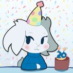 2024 :3 anthro big_ears birthday_cake black_eyes blue_clothing blue_sweater blue_topwear blush bottomless cake candle cave_story close-up clothed clothing colored_line_art confetti crossed_arms decoration dessert digital_drawing_(artwork) digital_media_(artwork) eyebrows female floppy_ears food fur furniture hat head_tuft headgear headwear hi_res lagomorph leporid lit_candle looking_at_viewer mammal mimiga party_hat raised_eyebrows raised_tail shadow simple_background sodanalan1998 solo sue_sakamoto sweater sweater_only table tail tail_tuft topwear topwear_only tuft white_body white_fur white_tail