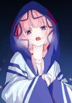  1girl absurdres blue_hoodie blush braid breath collarbone commentary heavy_breathing highres hood hood_up hoodie kaf_(kamitsubaki_studio) kamitsubaki_studio long_hair long_sleeves looking_at_viewer minamo_chibame night open_mouth pink_hair pink_pupils purple_eyes solo teeth twin_braids twintails upper_teeth_only virtual_youtuber yellow_pupils 