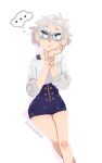  ... 1girl artist_name blue-framed_eyewear blue_eyes blue_shorts commentary english_commentary eyelashes fan_request hand_on_own_face high-waist_shorts joypandaah kyokugen_dasshutsu long_sleeves phi_(kyokugen_dasshutsu) shirt short_hair shorts simple_background solo speech_bubble thought_bubble tumblr_ask white_background white_hair white_shirt zero_escape:_toki_no_dilemma 