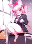  2019 5_fingers anthro bottomwear clothing clothing_lift domestic_cat felid feline felis female fur hair inside kemono looking_at_viewer mammal mizo_ne panties pigtails pink_eyes pink_fur pink_hair pink_nose ribbons school_uniform sitting skirt skirt_lift smile solo underwear uniform 