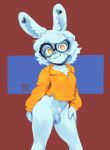 2025 anthro balls bestfriendforever besty_(character) blue_body blue_fur bottomless bottomless_anthro chest_tuft choker clothed clothing eyewear flaccid freckled_face freckles fur genitals glasses gynomorph hand_on_leg hand_on_thigh hi_res humanoid_genitalia humanoid_penis intersex jewelry lagomorph leporid long_ears looking_at_viewer mammal necklace nonbinary_(lore) penis rabbit simple_background solo standing tuft yellow_eyes