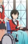  2girls black_hair black_legwear blanket blonde_hair brown_eyes cup dark_skin highres kakegurui multiple_girls mushiro_(nijie728995) pleated_skirt school_uniform short_hair sitting skirt socks standing totobami_terano totobami_yumi wheelchair window 