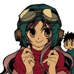  1boy 1girl aviator_cap aviator_goggles black_hair blue_tunic capelet commentary_request d_d_work dragon_quest dragon_quest_ii goggles goggles_on_head long_hair looking_at_another parted_lips pink_eyes prince_of_lorasia princess_of_moonbrook purple_hair red_capelet shared_clothes short_hair smile tunic upper_body white_background 