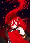  1girl artist_name black_gloves breasts cape closed_mouth commentary elbow_gloves floating_hair gloves highres holding holding_sword holding_weapon horns katana leaf long_hair maple_leaf original red_cape red_eyes red_hair satellite12 simple_background sleeveless solo swing sword very_long_hair weapon 