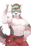  2:3 abs absurd_res anthro areola bottomwear canid canine canis clothing collarbone domestic_dog ear_piercing front_view fur green_hair grey_ears grey_fur grey_nose grey_tail hair hand_on_hip hat headgear headwear hi_res husky looking_at_viewer male mammal multicolored_fur multicolored_tail navel nipples nordic_sled_dog pawpads pecs piercing pink_areola pink_nipples pink_tongue red_bottomwear red_clothing red_hat red_headwear simple_background smile solo spitz tongue tongue_out topwear white_background white_clothing white_fur white_tail white_topwear 埃亞_(artist) 