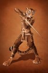  2:3 anthro armor barefoot blue_eyes clothed clothing digitigrade felid female flat_chested fur gradient_background hi_res mammal melee_weapon midriff navel orange_fur pantherine simple_background smile solo striped_fur stripes sword tiger titusw weapon whiskers 