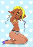  1girl areola_slip arms_behind_head arms_up asymmetrical_tanlines barefoot black_hair blonde_hair blue_background bra breasts cameltoe colored_eyelashes commentary_request dark-skinned_female dark_skin fangs fangs_out frye_(splatoon) gradient_hair grey_panties heart heart_background highres inkling kneeling koharu2.5 long_pointy_ears looking_at_viewer medium_breasts multicolored_hair navel orange_pupils panties pointy_ears pointy_nose polka_dot polka_dot_hair sideways_glance smile solo splatoon_(series) star-shaped_pupils star_(symbol) symbol-shaped_pupils tan tanlines underboob undersized_clothes underwear yellow_bra yellow_eyes 
