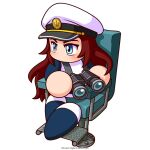  1girl artist_request binoculars black_hat blue_eyes brown_hair chair commentary_request copyright_notice hat holding holding_binoculars jikkyou_powerful_pro_yakyuu jikkyou_powerful_pro_yakyuu_(style) long_hair multicolored_hat no_mouth official_art on_chair peaked_cap rayman_limbs sitting solo tatehashi_minato white_background white_hat 