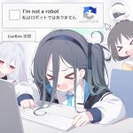  >_< 2b_(nier:automata) 4girls aris_(blue_archive) black_hair blindfold blue_archive captcha computer_keyboard cursor deyui green_halo grey_hair hairband halo highres isla_(plastic_memories) long_hair monitor multiple_girls nichijou nier:automata nier_(series) plastic_memories red_eyes shinonome_nano trait_connection white_hair 