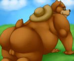  anthro backsack balls belly big_butt butt clothing eyewear glasses hat headgear headwear male mammal overweight overweight_male presenting presenting_hindquarters solo straw_hat thevillager tokyo_afterschool_summoners ursid video_games volos 