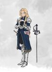  1girl alaina_sketch armor black_gloves blonde_hair blue_eyes breastplate cassie_(shadow_slave) commentary english_commentary floating floating_object floating_weapon full_body gloves lance long_sidelocks lowres own_hands_together polearm shadow_slave shoulder_armor sidelocks solo standing tunic weapon 