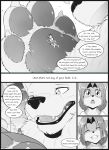  2019 anthro black_and_white building canid canine canis cheek_tuft chest_tuft claws clothing cloud comic cub day duo english_text eyebrows eyes_closed female feral fox hi_res macro male mammal monochrome one_eye_closed open_mouth pawpads s2-freak schwarzpelz size_difference sky smile speech_bubble text tower tree tuft watermark wink wolf young 
