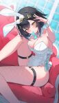  1girl absurdres alternate_costume amber_(stella_sora) animal_ears aqua_bow aqua_bowtie bare_shoulders black_hair blush bow bowtie bowtie_in_mouth breasts center-flap_bangs chisei259 cleavage collarbone commentary couch covered_navel criss-cross_straps detached_collar dutch_angle fake_animal_ears fake_tail fishnet_thighhighs fishnets frilled_leotard frills hair_ornament hairpin headpiece highres large_breasts leg_up leotard looking_at_viewer medium_hair o-ring o-ring_thigh_strap on_couch playboy_bunny rabbit_ears rabbit_pose rabbit_tail solo stella_sora tail thigh_strap thighhighs thighs traditional_bowtie white_leotard wrist_cuffs yellow_eyes 