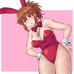  1girl animal_ears bow bowtie breasts brown_hair bunny_ears bunnysuit cleavage commentary_request cowboy_shot detached_collar dog_tags fishnet_pantyhose fishnets hand_on_hip hands_on_hips hinemosu_notari large_breasts leaning_forward leotard lips original pantyhose pink_background red_eyes red_leotard red_neckwear short_hair solo strapless strapless_leotard two-tone_background wrist_cuffs 