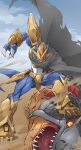 armor black_cloak chimairamon cloak commentary digimon digimon_(creature) dragon english_commentary gamr1p glowing glowing_eye gold_armor gold_helmet highres magnamon red_eyes slit_pupils solo_focus yellow_eyes 