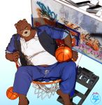  anthro basketball bottomwear brown_fur clothed clothing doosoo fur juuichi_mikazuki male mammal morenatsu open_shirt signature solo topwear ursid 