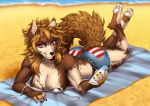  2019 anthro beach black_nose breasts brown_fur canid canine cheek_tuft claws clothed clothing day deerstail eyelashes female fur hair holding_object inner_ear_fluff legs_up lying mammal muscular muscular_female on_front outside partially_clothed pawpads pink_eyes sand seaside smile solo sunscreen tan_hair toe_claws towel tuft water white_pawpads 