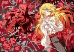  1girl bad_id bad_twitter_id black_pants blonde_hair blue_eyes bound floral_background flower frilled_shirt frills hand_up highres long_hair long_sleeves looking_at_viewer meremero multiple_views oscar_francois_de_jarjayes pants plant puffy_long_sleeves puffy_sleeves red_background red_flower red_rose rose shirt standing thorns tied_up_(nonsexual) versailles_no_bara vines white_shirt 