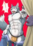  ! 2019 abs anthro black_nose blush bulge canid canine canis claws clothed clothing duo fangs fur geppei5959 hi_res male mammal multicolored_fur muscular muscular_male nipples open_mouth pecs solo_focus topless tuft two_tone_fur two_tone_tail underwear 