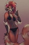  2019 4_fingers ailurid amber_eyes bikini breasts clothed clothing digital_media_(artwork) female mammal midriff navel red_panda simple_background solo swimwear zenirix 