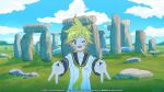  1boy ;d bass_clef ben-day_dots black_sailor_collar blonde_hair blue_sky blush_stickers breast_pocket cloud cloudy_sky collarbone commentary_request copyright_notice day dot_nose double_gyaru_v english_commentary grass green_eyes guest_art gyaru_v headset highres kagamine_len long_sleeves looking_at_viewer male_focus microphone nail_polish neckerchief nemupan official_art one_eye_closed open_mouth outdoors outline pocket ponytail project_sekai rock sailor_collar screentones second-party_source shirt short_eyebrows short_hair short_ponytail sidelocks sky smile solo spiked_hair stonehenge swept_bangs upper_body v vocaloid white_outline white_shirt yellow_nails yellow_neckerchief 