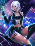  1girl artist_request breasts ciri cyberpunk fantasy freckles green_eyes highres jewelry lips long_hair looking_at_viewer medium_breasts scar short_hair shorts silver_hair solo the_witcher the_witcher_3 