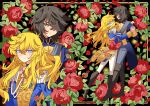 1boy 1girl andre_grandier bad_id bad_twitter_id black_background black_boots black_hair blonde_hair blue_eyes blue_jacket boots closed_mouth epaulettes floral_background flower full_body hair_between_eyes hair_over_one_eye highres holding_hands jacket long_hair long_sleeves looking_at_viewer meremero multiple_views oscar_francois_de_jarjayes pants profile red_flower red_rose rose short_hair smile standing versailles_no_bara white_pants 