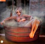  1girl bandages bath breasts ciri didi_esmeralda freckles gradient_hair jewelry long_hair looking_at_viewer medium_breasts multicolored_hair necklace sarashi scar short_hair silver_hair smile solo steam sword the_witcher the_witcher_3 water weapon 