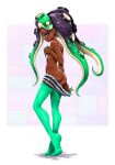  1girl ass black_hair breasts cephalopod_eyes commentary_request covering_breasts covering_privates dark-skinned_female dark_skin from_side grabbing_own_breast green_eyes green_hair green_leggings highres koharu2.5 leggings leggings_pull looking_at_viewer marina_(splatoon) medium_breasts mole mole_under_mouth octoling parted_lips pink_pupils pulling_own_clothes ribs see-through_clothes shiny_skin sideways_glance solo splatoon_(series) standing tiptoes 