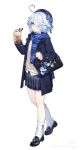  1girl absurdres ahoge alternate_costume ayu_chongya bag bag_charm beret blue_bow blue_eyes blue_hair blue_scarf bow charm_(object) chinese_commentary closed_mouth commentary_request cup curly_hair disposable_cup drop-shaped_pupils food full_body furina_(genshin_impact) genshin_impact hair_over_one_eye hat hat_bow heart heart_ahoge heterochromia highres holding holding_cup ice_cream jacket long_sleeves looking_at_viewer multicolored_hair open_clothes open_jacket plaid_clothes plaid_scarf plaid_skirt pleated_skirt scarf school_bag school_uniform shirt shoes short_hair shoulder_bag simple_background skirt socks solo standing streaked_hair sweater_vest symbol-shaped_pupils watermark white_background white_hair white_shirt white_socks 