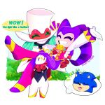 1:1 2022 2_horns 5_fingers anthro arms_bent artist_name balan_(balan_wonderworld) balan_wonderworld black_clothing black_nose black_topwear black_vest blue_body blue_fur bottomwear button_(fastener) carrying_another chest_gem clothed clothed_humanoid clothed_male clothing coat collar colored crossover curved_horn dialogue digital_drawing_(artwork) digital_media_(artwork) disembodied_hand disembodied_head english_description english_text eulipotyphlan eyelashes eyes_closed featureless_feet feet female female_humanoid fingers frilly frilly_collar fully_clothed fully_clothed_humanoid fully_clothed_male fur gem gesture gloves group hair hand_gesture handwear happy hat headgear headwear hedgehog hi_res horn horned_humanoid humanoid impressed jooniethenight light lighting male male_humanoid mammal medium_hair mittens motion_lines multicolored_body nights_(nights_into_dreams) nights_into_dreams no_eyebrows nonbinary_(lore) noseless not_furry_focus offscreen_character open_clothing open_coat open_mouth open_smile open_topwear pants pink_body pink_clothing pink_coat pink_skin pink_tongue pink_topwear purple_horn ruby_(gem) sega shaded simple_background smile sonic_the_hedgehog sonic_the_hedgehog_(series) speech_bubble standing suit tan_body tan_inner_ear tan_skin teal_hair text thumbs_up tongue toothy_grin topwear trio vest white_background white_bottomwear white_clothing white_gloves white_handwear white_hat white_headwear white_mittens white_pants white_suit white_top_hat yelling yelling_at_another