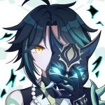  1boy ahoge black_gloves commentary diamond-shaped_pupils diamond_(shape) genshin_impact gloves gradient_hair green_hair highres holding holding_mask jewelry mask multicolored_hair necklace oni_mask pearl_necklace portrait short_hair single_bare_shoulder solo standing symbol-shaped_pupils tattoo tianma130 xiao_(genshin_impact) yellow_eyes 
