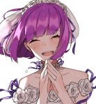  1girl aogisa bangs bare_shoulders blush bridal_veil bride carcano_m91/38_(girls_frontline) choker closed_eyes collarbone crying dress eyebrows_visible_through_hair girls_frontline happy happy_tears highres jewelry long_hair open_mouth purple_hair ring simple_background smile solo tears upper_body veil wedding_band wedding_dress white_background white_dress 