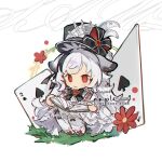  1girl ace_(playing_card) ace_of_spades black_bow black_bowtie black_hair black_hat black_ribbon book bow bowtie card chibi chibi_only chromatic_aberration closed_mouth dress full_body hat hat_ribbon kneehighs long_hair long_sleeves multicolored_hair open_book original playing_card red_eyes ribbon sample_watermark shoes simple_background sitting smile socks solo spade_(shape) streaked_hair striped_clothes striped_socks two-tone_hair two_of_spades vertical-striped_clothes vertical-striped_socks watermark white_background white_dress white_hair white_shoes white_socks zeriko 