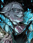  1boy afuro26 black_background black_gloves blue_eyes commentary_request evil_grin evil_smile facial_hair fate/grand_order fate_(series) glasses gloves grey_hair grin james_moriarty_(archer)_(fate) male_focus mustache signature silk smile spider_web 