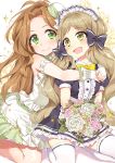  2girls :d bare_shoulders black_dress blush bouquet bow bridal_gauntlets brown_eyes brown_hair center_frills chobi_(penguin_paradise) closed_mouth commentary_request dress floral_background flower frilled_skirt frills green_eyes handa_roko highres holding holding_bouquet hug hug_from_behind idolmaster idolmaster_million_live! long_hair maid_headdress multiple_girls nikaidou_chizuru open_mouth pink_flower pink_rose puffy_short_sleeves puffy_sleeves rose seiza short_sleeves sitting skirt smile sparkle thighhighs very_long_hair white_background white_bow white_dress white_flower white_legwear white_rose yellow_bow 