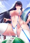  1girl beach black_hair blue_eyes blue_sky blush breasts cleavage covered_nipples food fruit gainoob hand_on_hip innertube kill_la_kill kiryuuin_satsuki large_breasts long_hair multiple_girls navel sky slingshot_swimsuit solo sweat swimsuit sword thick_thighs thighs watermelon weapon wooden_sword 