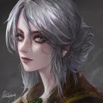  1girl breasts ciri freckles green_eyes jewelry lips long_hair looking_at_viewer makeup medium_breasts necklace oreki_genya scar short_hair silver_hair smile solo the_witcher the_witcher_3 