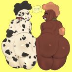 2025 anthro big_butt black_hair black_nose black_spots bone brown_body brown_eyes brown_fur butt canid canine canis collar collar_only domestic_dog duo female five_nights_at_freddy's:_secret_of_the_mimic fur green_collar grin hair hewa hi_res huge_butt looking_at_viewer looking_back mammal markings nude overweight overweight_anthro overweight_female poodle presenting presenting_hindquarters pupils rear_view red_collar sharp_teeth sharpay_(secret_of_the_mimic) simple_background smile speech_bubble spiked_collar spikes spots spotted_body spotted_fur tan_body tan_fur tan_hair teeth thick_thighs white_body white_fur yellow_background yellow_eyes