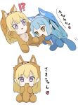  !? 2girls absurdres bang_dream! bang_dream!_it's_mygo!!!!! blonde_hair blue_hair chibi commentary_request extreme_yuri_buta highres long_hair misumi_uika multiple_girls onesie open_mouth purple_eyes sidelocks simple_background togawa_sakiko translation_request white_background yellow_eyes yuri 
