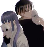  1boy 1girl black_coat black_hair blonde_hair blue_eyes blue_hair boruto:_naruto_next_generations chromatic_aberration coat commentary_request covering_own_mouth expressionless eyebrow_piercing face_piercing fingerless_gloves gloves grey_eyes highres holding holding_mask hood hoodie ifevilwhyuhot kakei_sumire kawaki_(boruto) mask multicolored_hair naruto_(series) piercing two-tone_hair undercut white_hoodie 