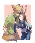  1boy 1girl aerith_gainsborough animal_ears artist_name blonde_hair blue_eyes blue_pants blue_shirt border braid braided_ponytail breasts brown_hair brown_pants carrot closed_mouth cloud_strife collared_shirt commentary_request cosplay cowboy_shot cropped_legs demi_co final_fantasy final_fantasy_vii fox_boy fox_ears fox_tail green_eyes green_shirt hair_between_eyes hand_in_pocket hand_on_another's_shoulder hand_on_own_hip highres holding holding_carrot judy_hopps judy_hopps_(cosplay) kemonomimi_mode light_smile long_hair medium_breasts necktie nick_wilde nick_wilde_(cosplay) pants parted_bangs pink_background police police_badge police_uniform policewoman print_shirt rabbit_ears rabbit_girl rabbit_tail shirt short_hair short_sleeves sidelocks single_braid smile spiked_hair striped_necktie sunglasses tail twitter_username white_border zootopia 