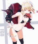  1girl artoria_pendragon_(all) bare_shoulders bikini black_legwear blonde_hair breasts fate/grand_order fate_(series) food frilled_bikini frills from_below hair_bun hair_ribbon hamburger maid_headdress medium_breasts ribbon saber_alter solo swimsuit thigh_strap thighhighs yaku_(ziroken) yellow_eyes 