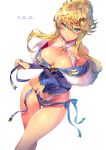  1girl aguy ahoge artoria_pendragon_(all) artoria_pendragon_(lancer) bangs blue_leotard blush braid breasts cleavage commentary_request crown fate/grand_order fate_(series) french_braid fur_trim green_eyes hair_between_eyes large_breasts leotard long_hair looking_at_viewer open_mouth sidelocks simple_background solo swept_bangs thighs white_background 