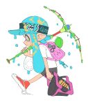  1girl badge bag_charm baseball_cap button_badge charm_(object) chomoran commentary_request crying dripping full_body hat ink_tank_(splatoon) inkling inkling_girl inkling_player_character sad shoes simple_background slosher_(splatoon) sneakers solo splash_wall_(splatoon) splatoon_(series) splatoon_2 untied_shoelaces wet white_background 