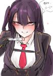  1girl 2poet bangs black_gloves blush eyebrows_visible_through_hair girls_frontline gloves grin heart korean_text long_hair looking_at_viewer necktie pregnancy_test purple_hair red_eyes side_ponytail simple_background smile solo translated uniform wa2000_(girls_frontline) white_background 